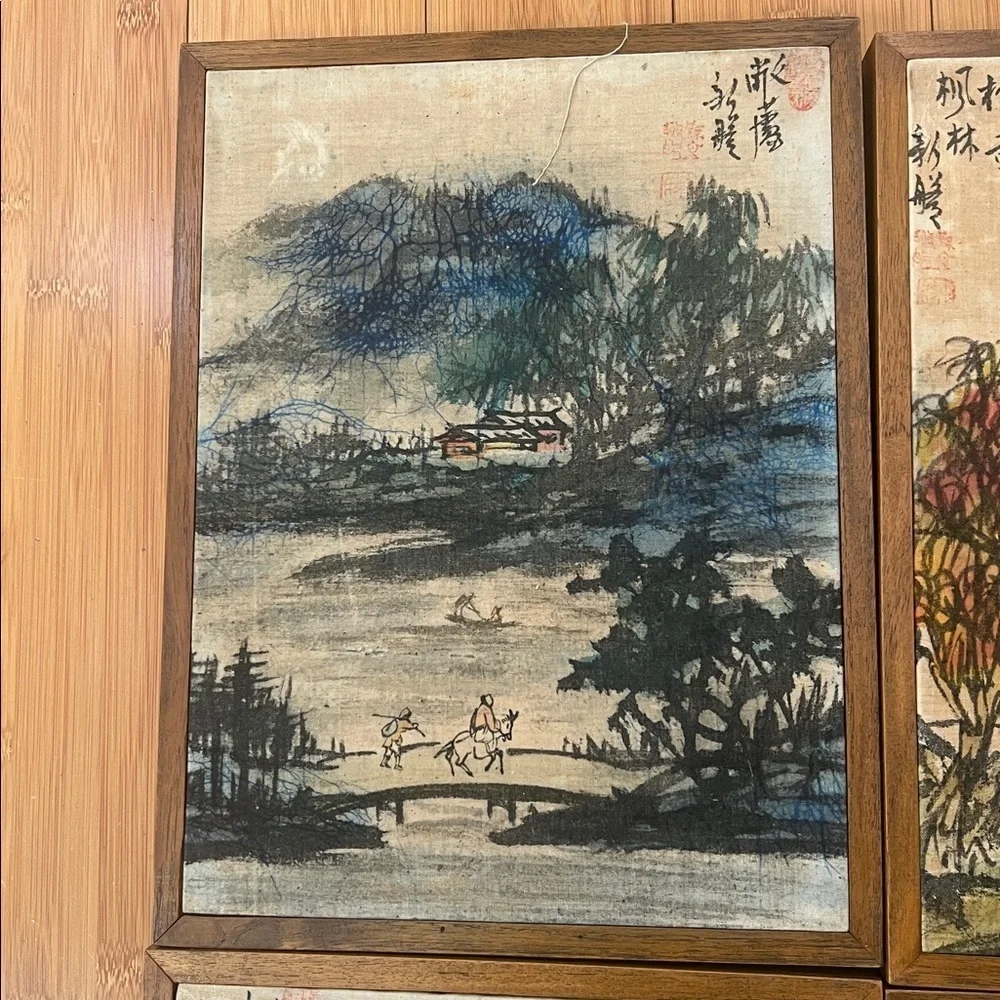 NWT set 4 Vintage Batique Chinese Reproductions hand painted wood frame 9” x 12”